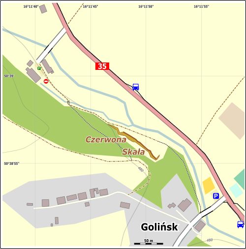 Mapa dojścia do Czerwonej Skały w Golińsku